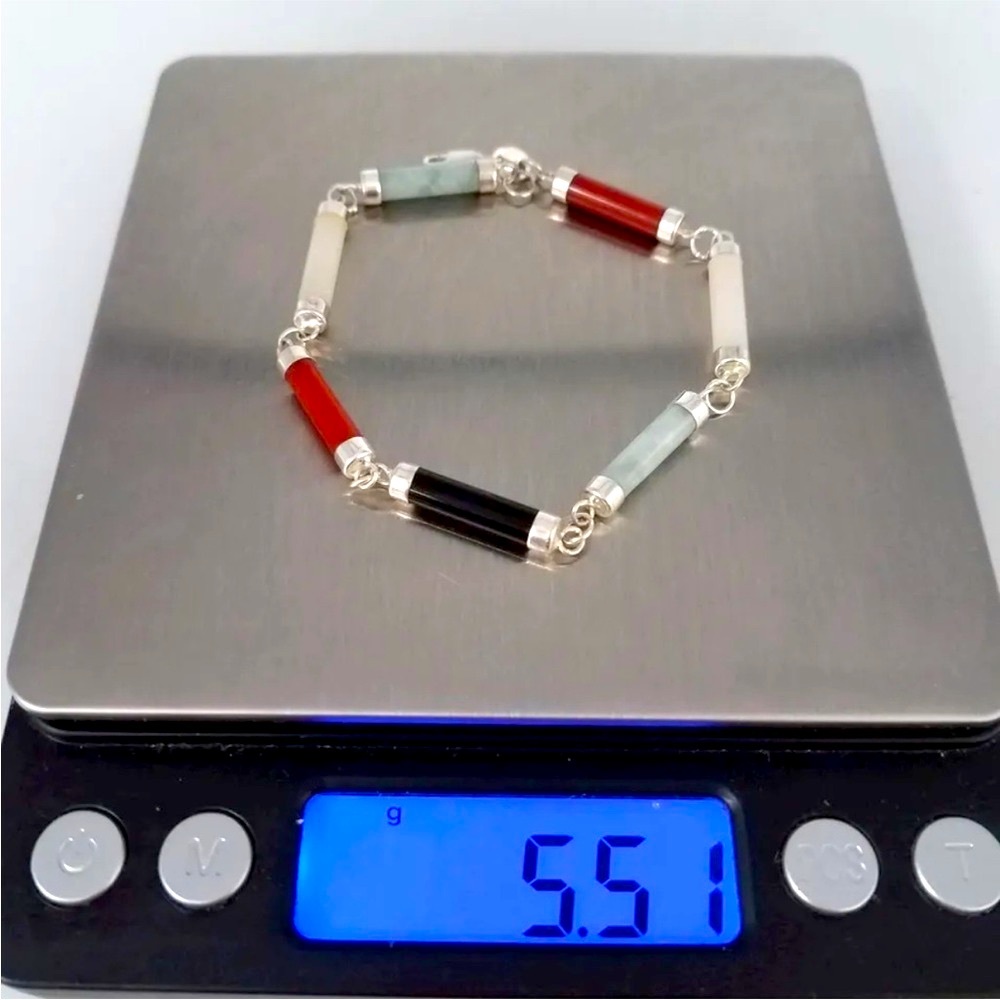Vintage 925 Silver Coral, Onyx, & Nephrite Bracelet 7.25” 5.5 g  B166